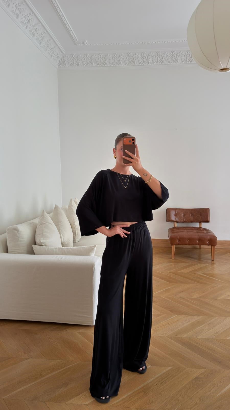 Siyah Crop Panço Bluz Pantolon Eşofman Takım