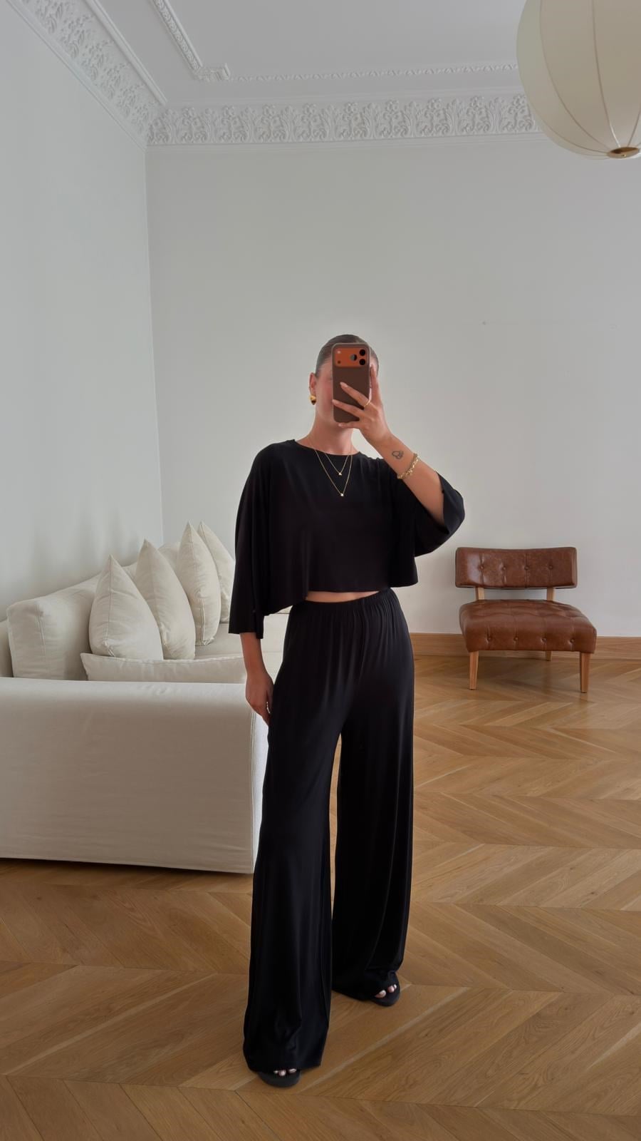 Siyah Crop Panço Bluz Pantolon Eşofman Takım