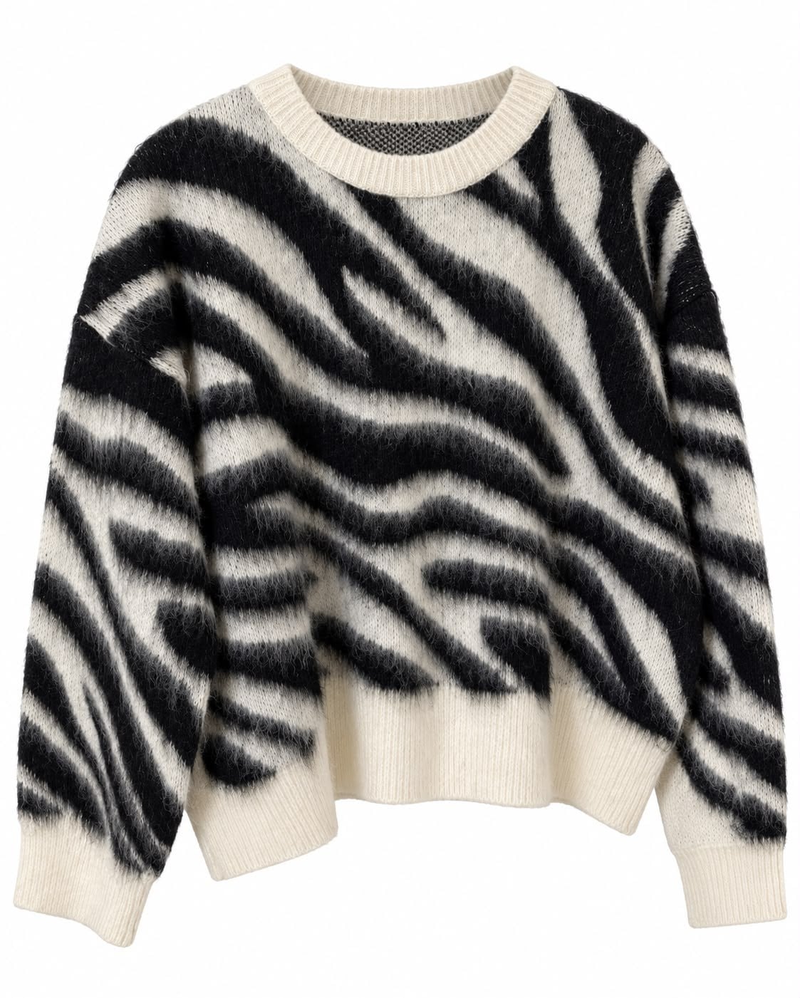Siyah- Ekru Bisiklet Yaka Zebra Desen Triko
