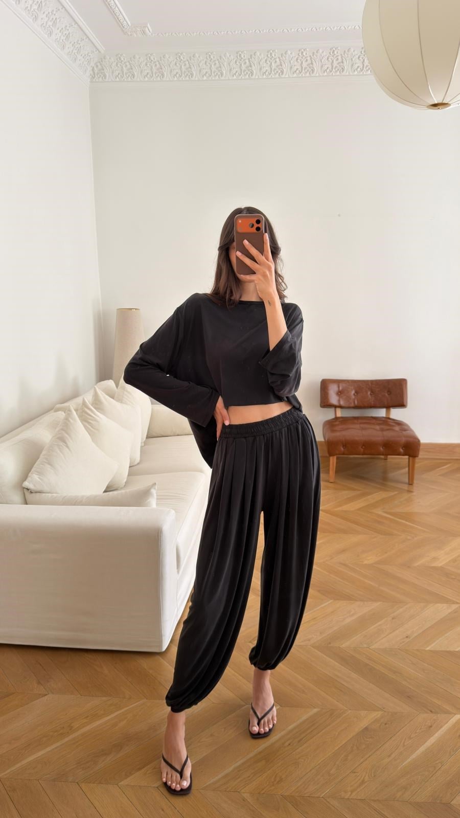 Siyah Modal Kumaş Bluz Şalvar Eşofman Takım