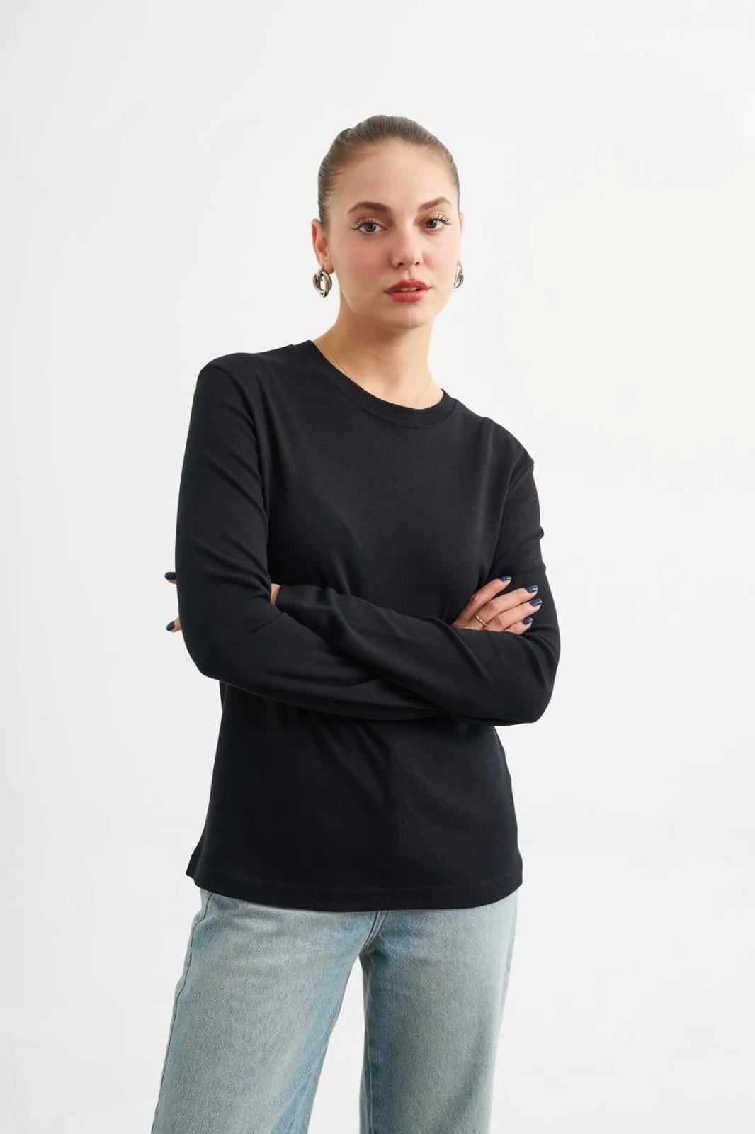 Siyah Oversize Bisiklet Yaka Uzun Kol T-Shirt