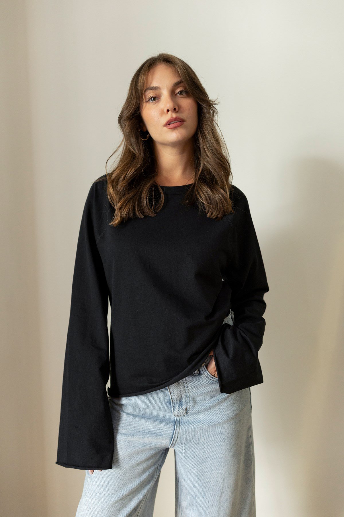 Siyah Oversize İspanyol Kol Basic T-Shirt