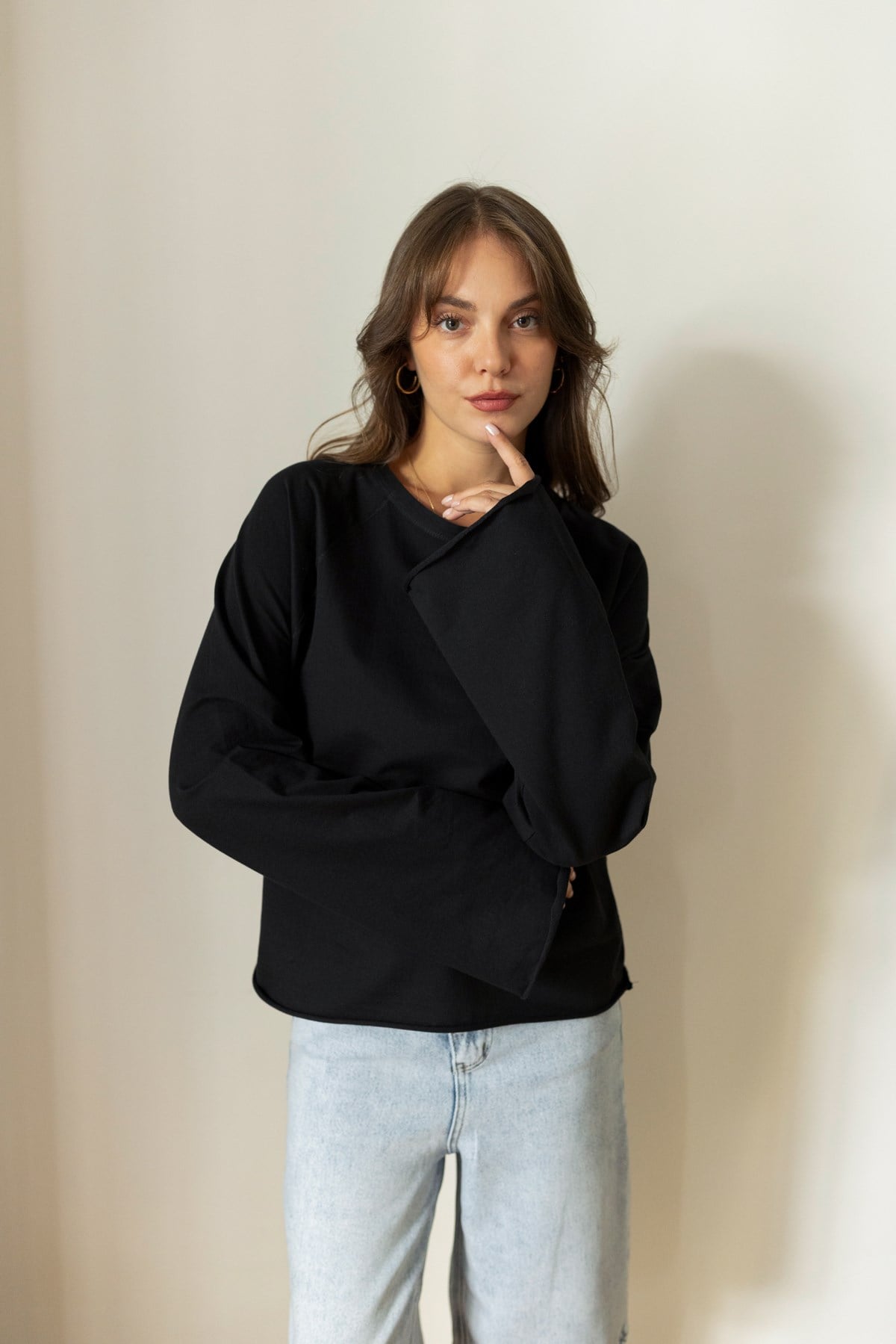 Siyah Oversize İspanyol Kol Basic T-Shirt