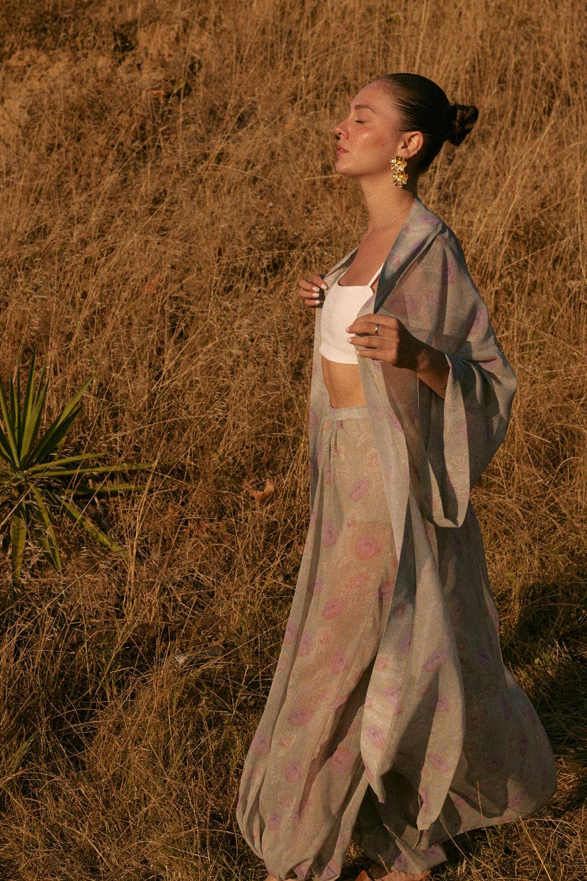 Su Yeşili Çiçek Desenli Kuşaklı Kimono