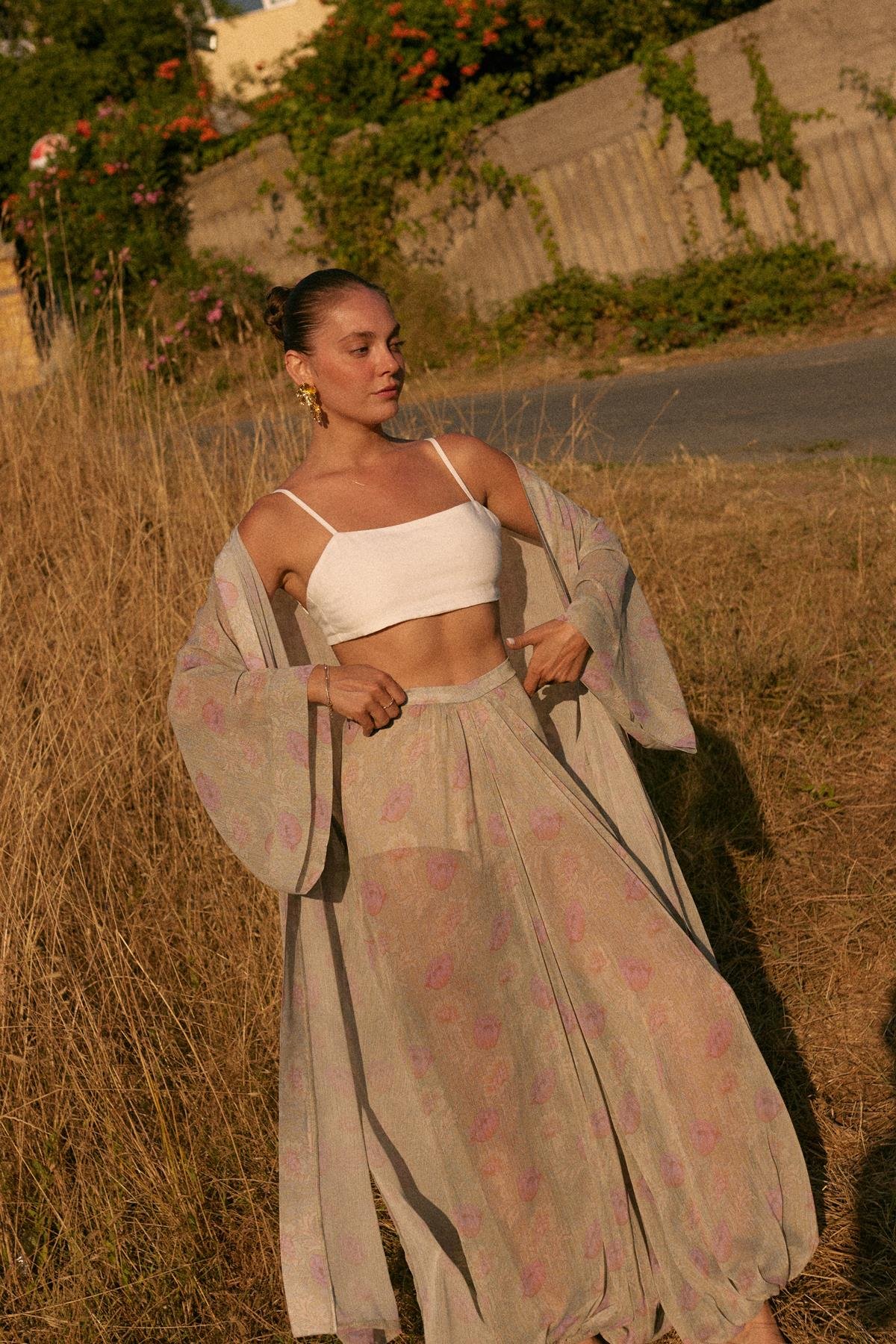Su Yeşili Çiçek Desenli Kuşaklı Kimono