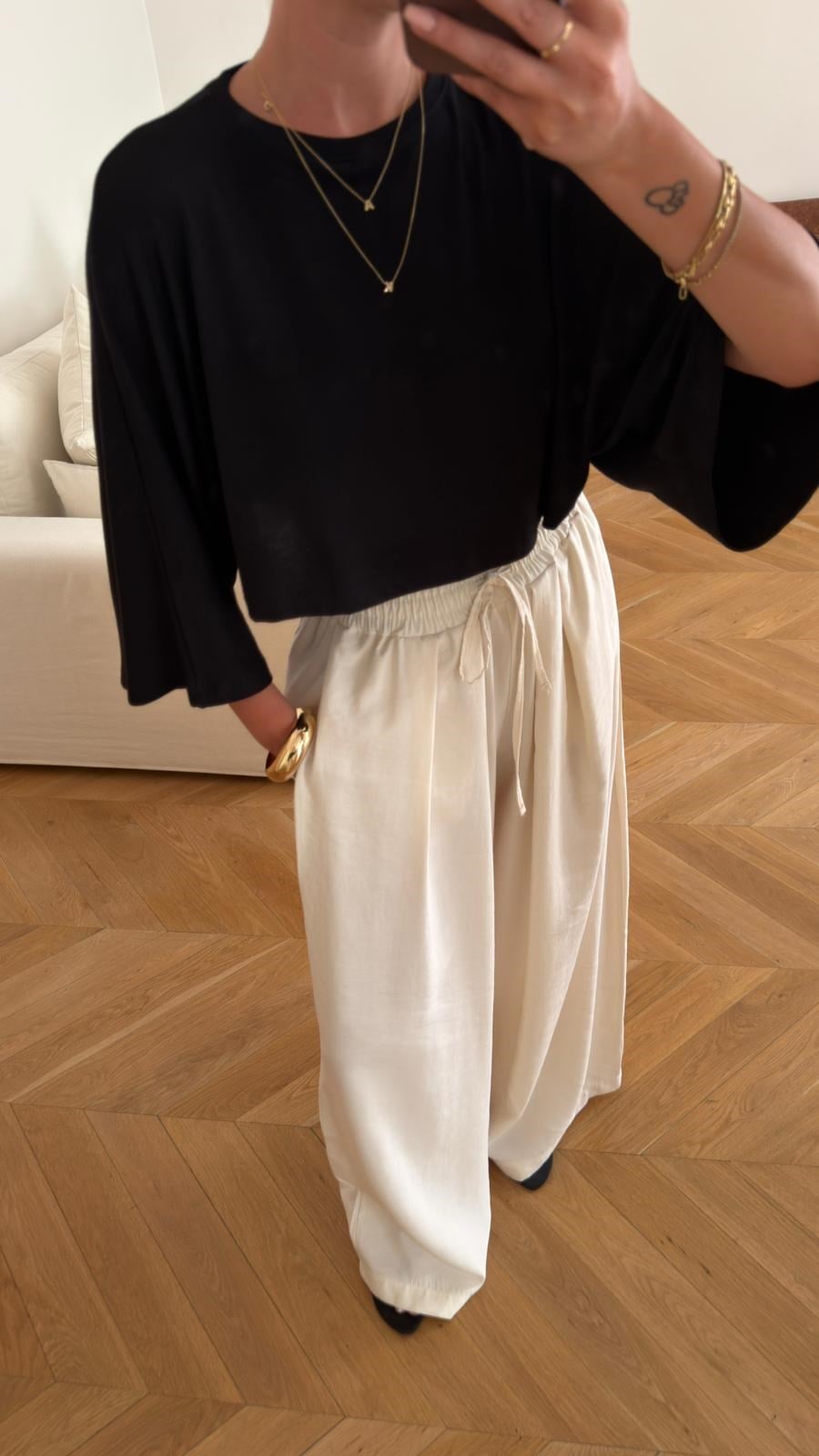 Taş Beli Lastikli Bol Paça Pantolon