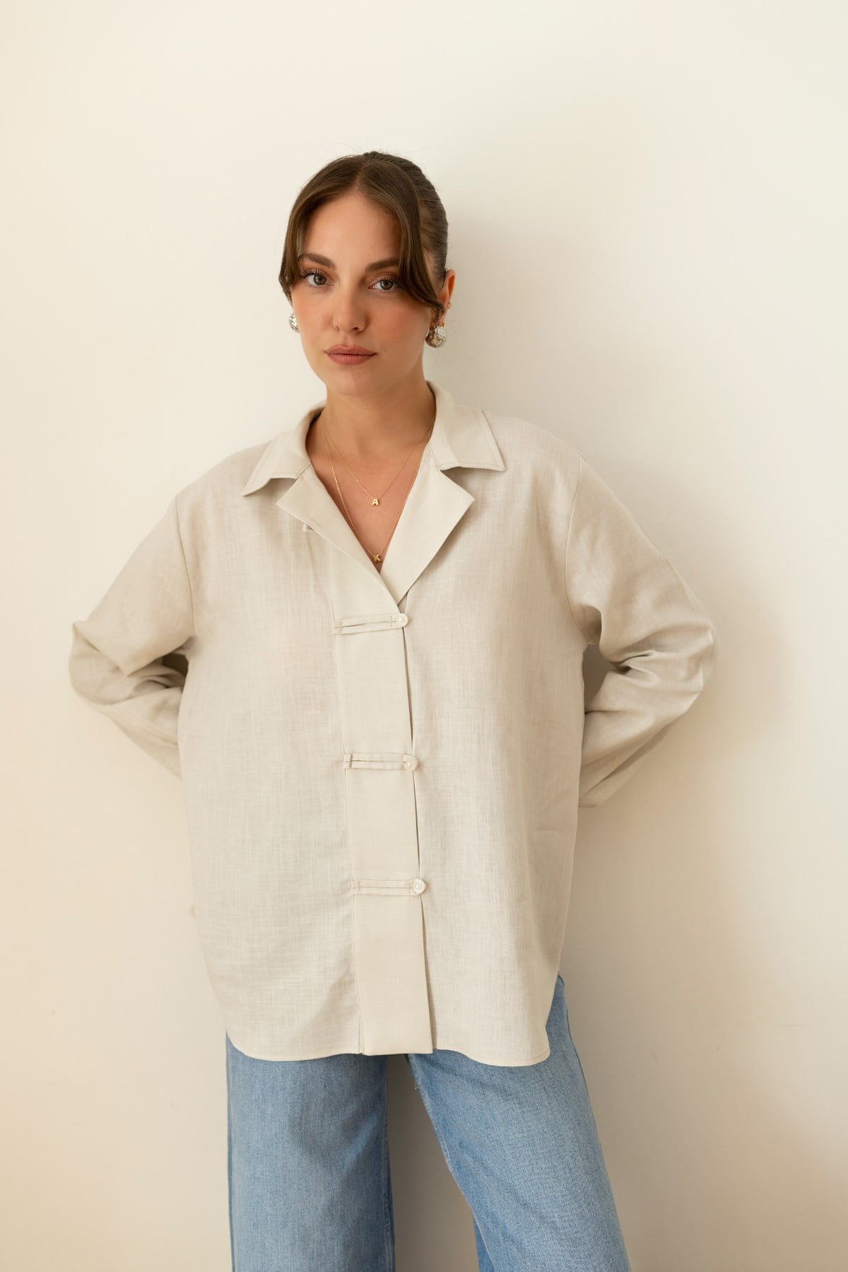 Taş Mandarin İlik Detaylı Oversize Gömlek