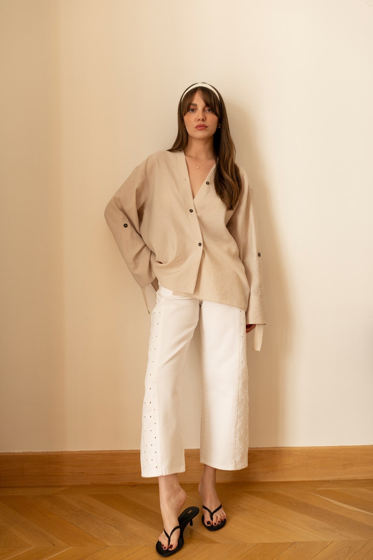 Taş V Yaka Asimetrik Kesim Oversize Bluz