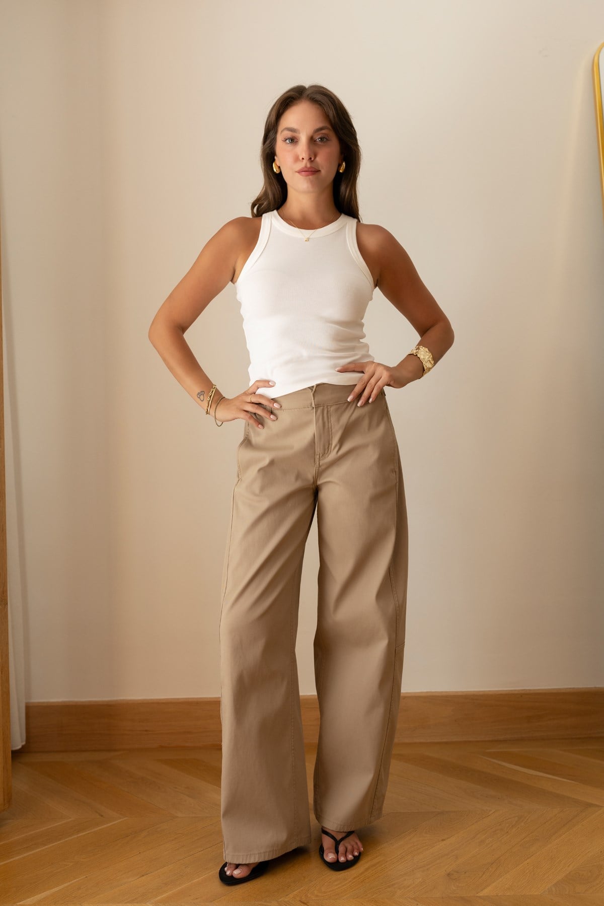 Vizon Beli Lastikli Bol Paça Gabardin Pantolon