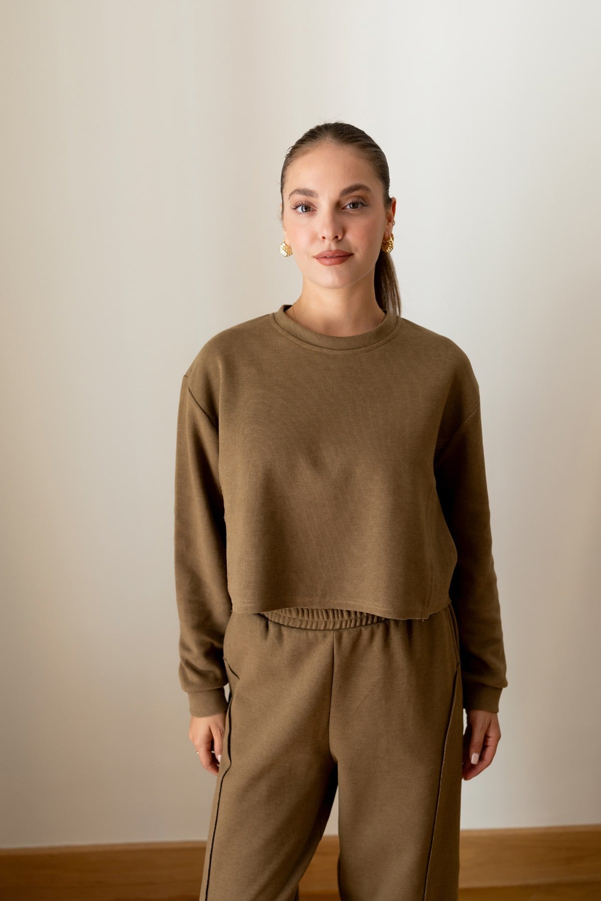 Yağ Yeşili Crop Sweat Eşofman Takım