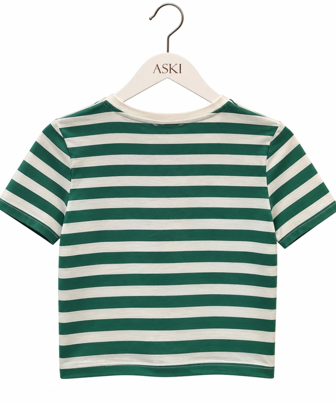 Yeşil Bisiklet Yaka Çizgili Crop T-Shirt