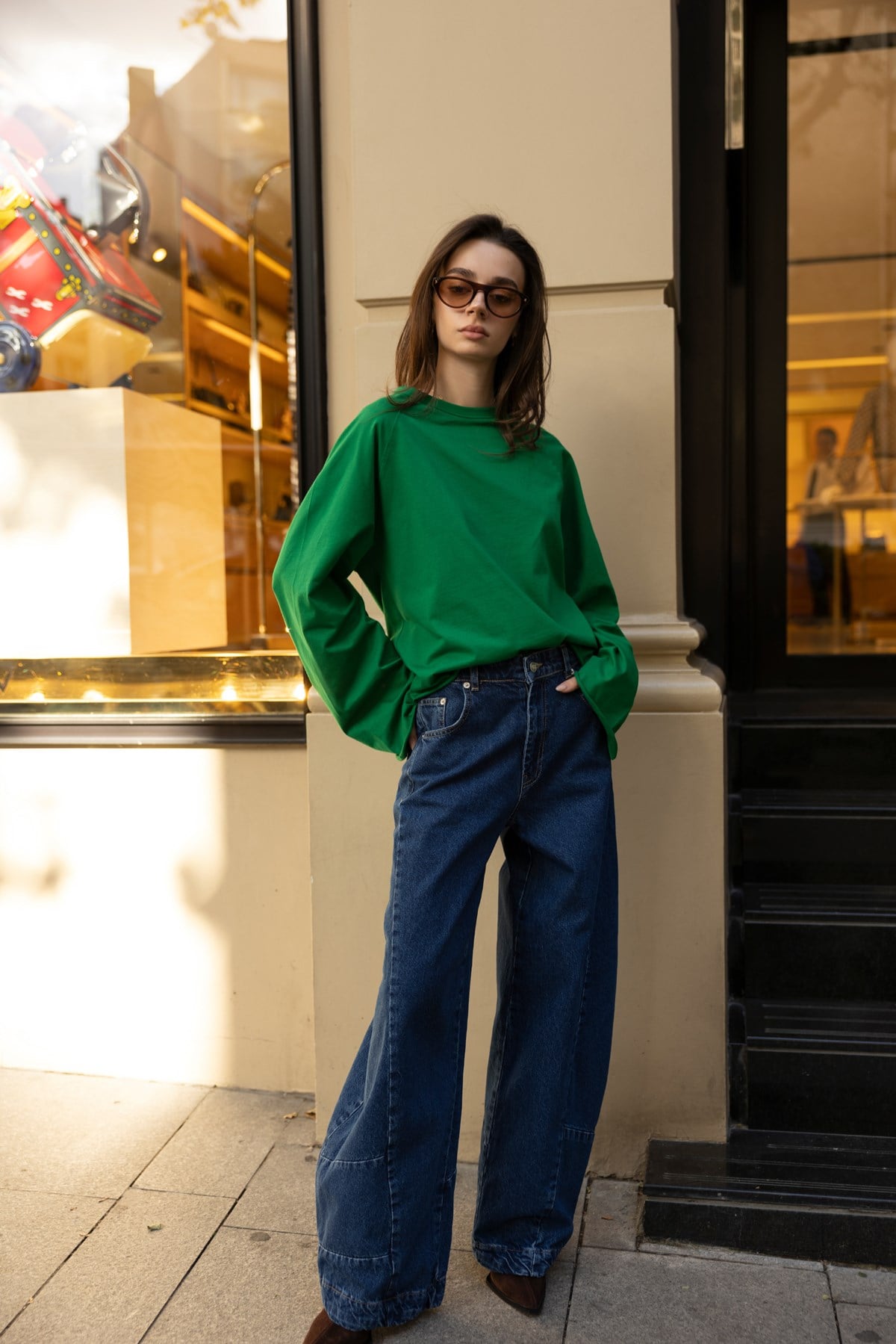 Yeşil Oversize İspanyol Kol Basic T-Shirt