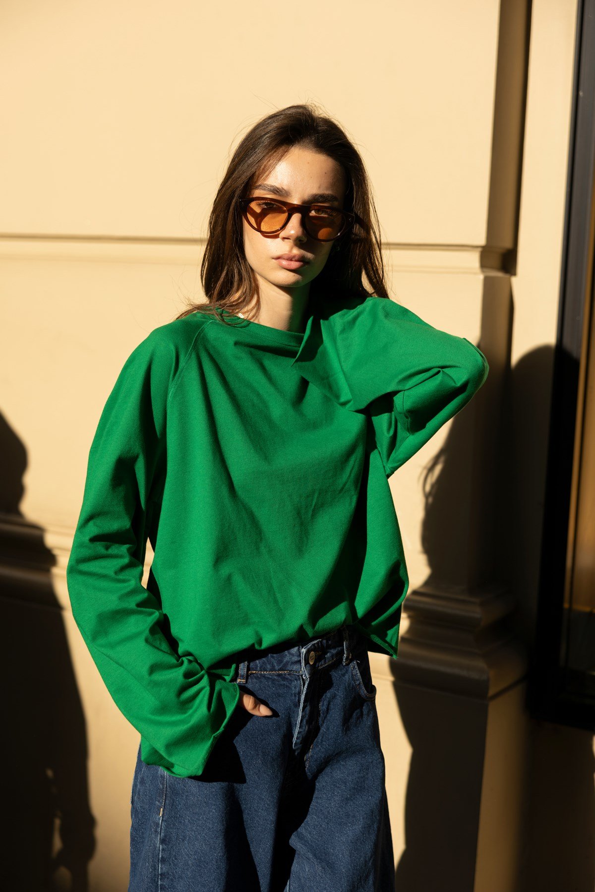 Yeşil Oversize İspanyol Kol Basic T-Shirt