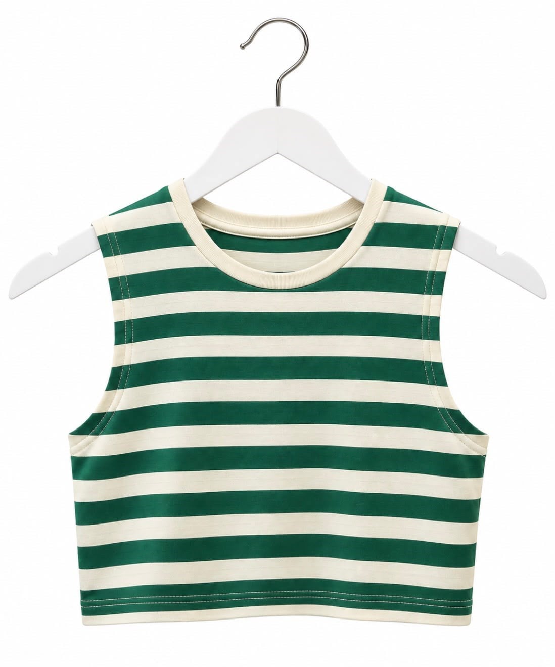 Yeşil Sıfır Kol Çizgili Crop T-Shirt