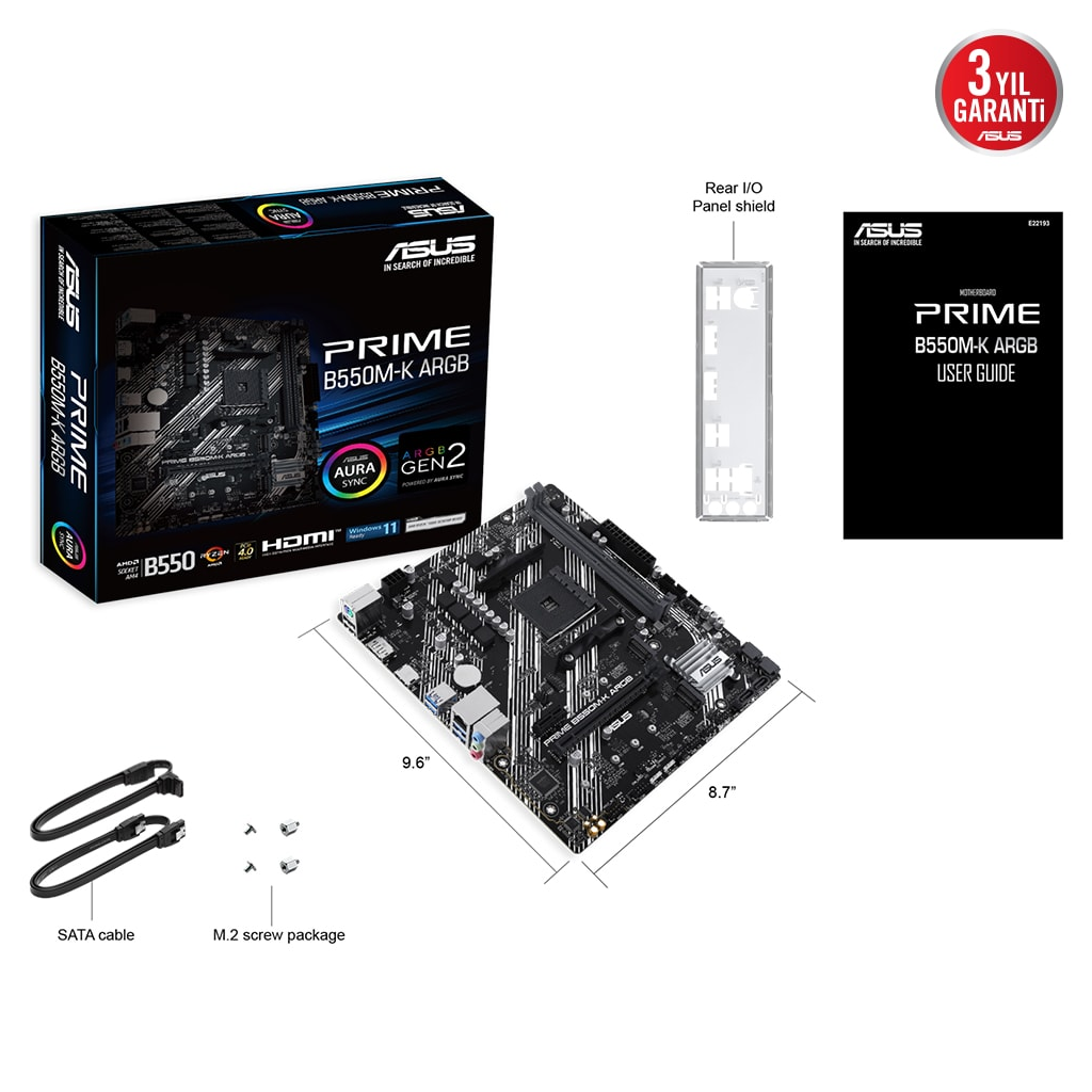 ASUS PRIME B550M-K ARGB, 2xDDR4, 2x M.2, DP, HDMI, AM4 Soket Anakart