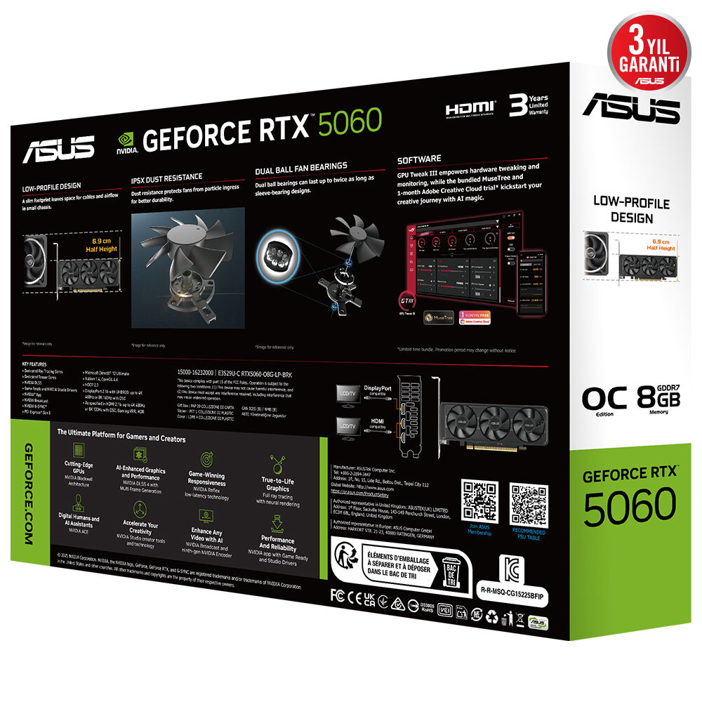 ASUS RTX5060 8GB RTX5060-O8G-LP-BRK GDDR7 128bit HDMI DVI DP Ekran kartı