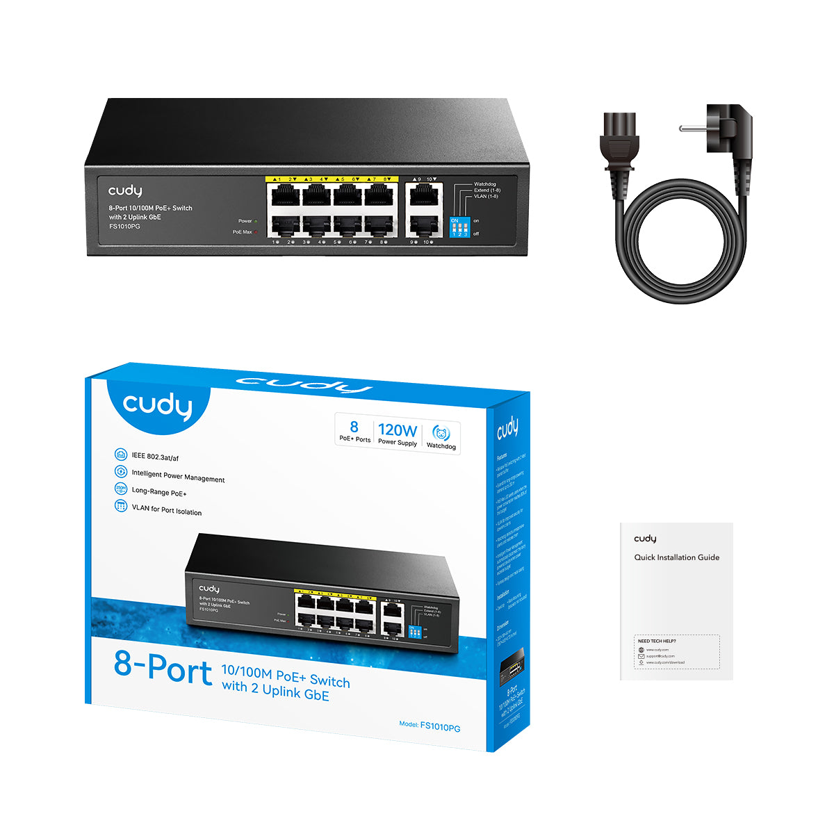 CUDY 8port PoE 120w 2-Uplink 10/100  Yönetilemez Switch FS1010PG