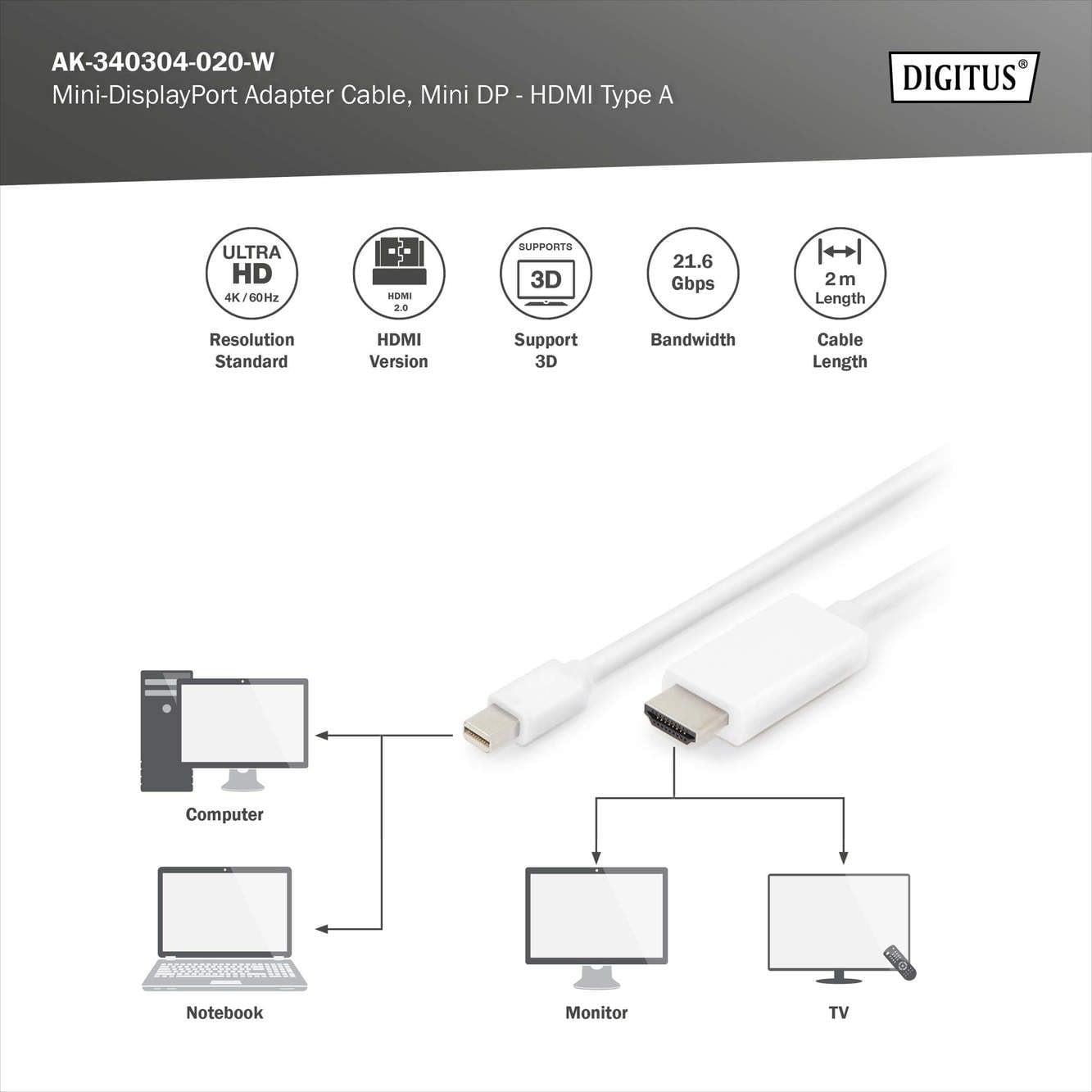 DIGITUS mDP-HDMI Görüntü Adaptörü (AK.340304.020.W)
