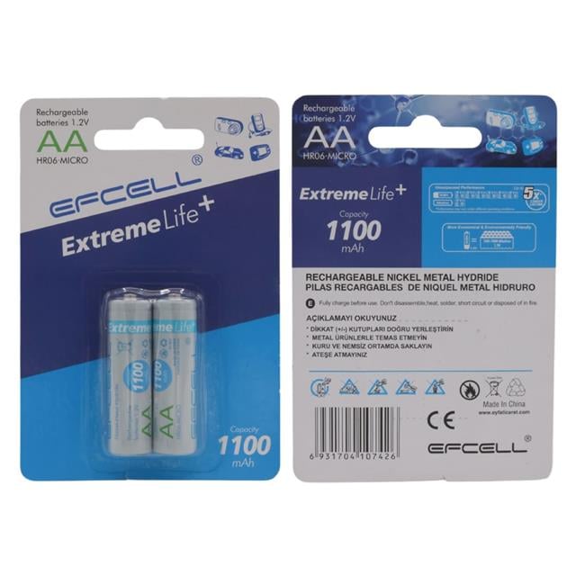 Efcell Extreme Life+ 1.2V 1100mAh Şarj Edilebilir AA Kalem Pil (2'li Paket)