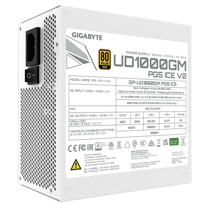 GIGABYTE 1000w 80+Gold GP-UD1000GM PG5 ICE Tam Modüler Power Supply Beyaz