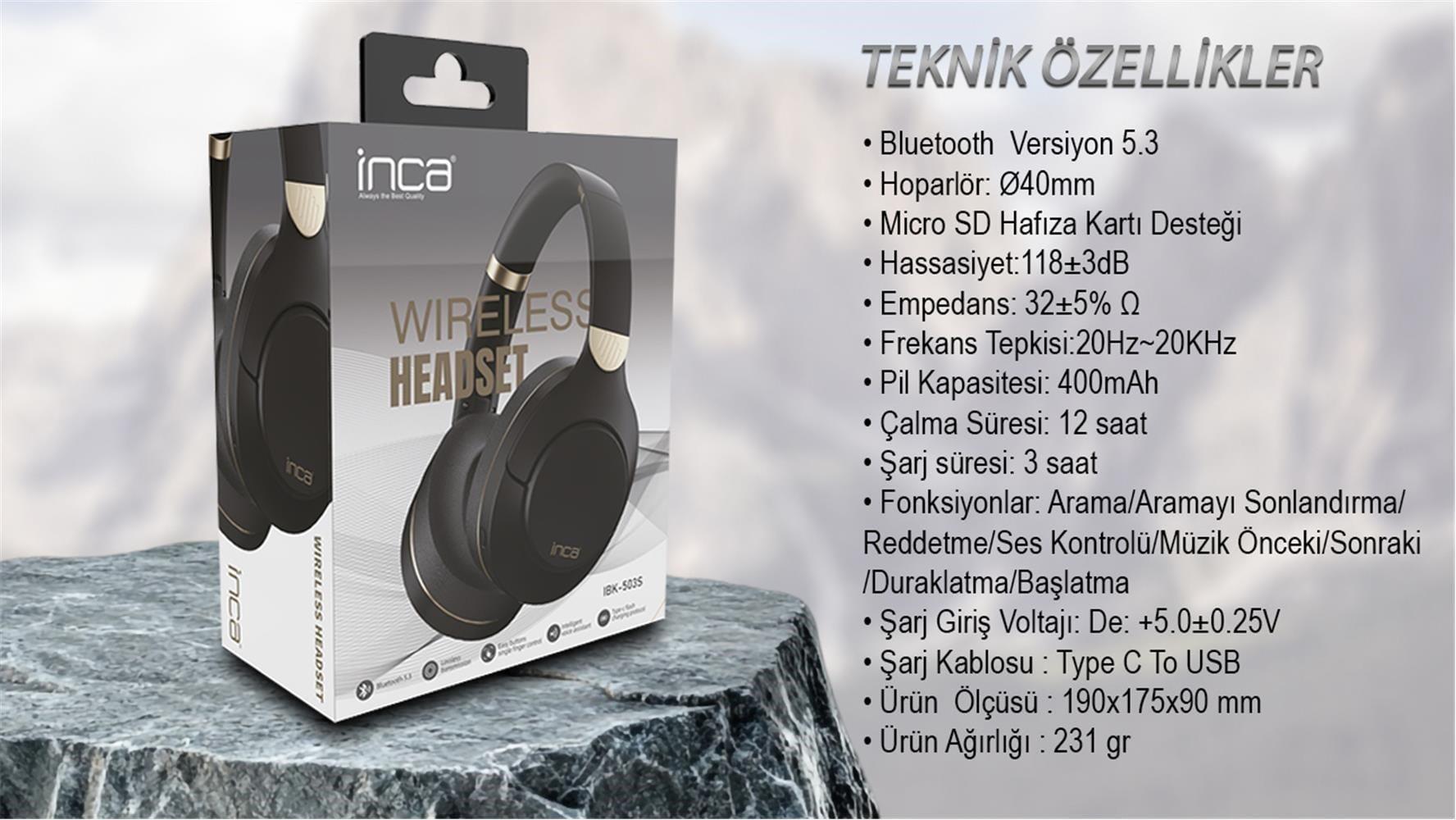 Inca IBK-503S Siyah 5.3 Bluetooth Wireless Kulaklık Micro Sd Kulaklık 400mah Type-c To USB