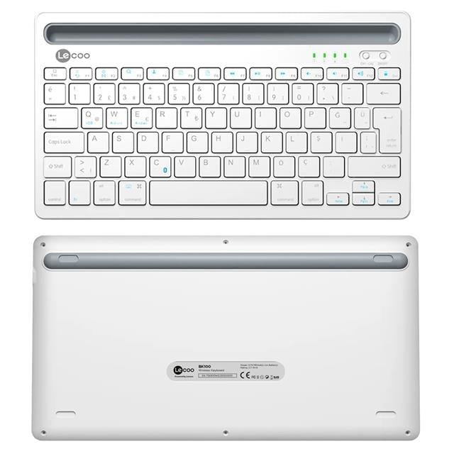 Lenovo Lecoo BK100 Bluetooth V3.0 Çoklu Cihaz Uyumlu Şarj Edilebilir Kablosuz Beyaz Türkçe Q Klavye