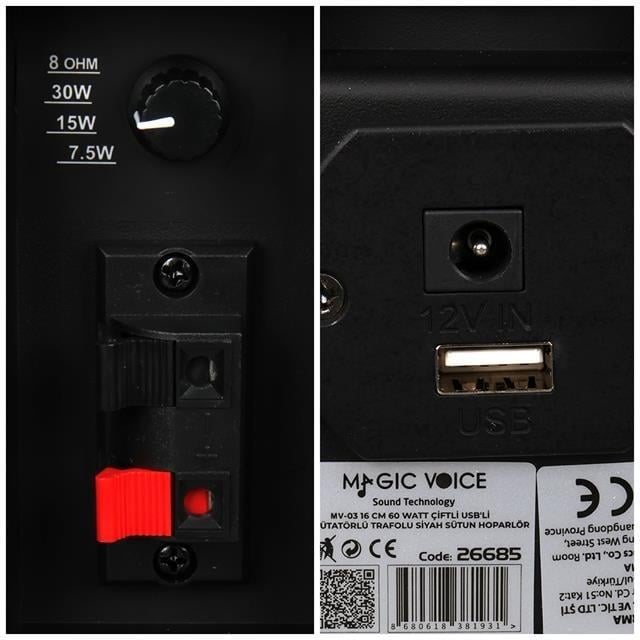 MagicVoice MV-19 2x7.5 CM 40 Watt Komütatörlü Hat Trafolu Siyah Sütun Hoparlör (2'li Takım)