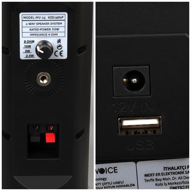 MagicVoice MV-26 2x7.5 CM 50 Watt Komütatörlü Hat Trafolu Siyah Sütun Hoparlör (2'li Takım)