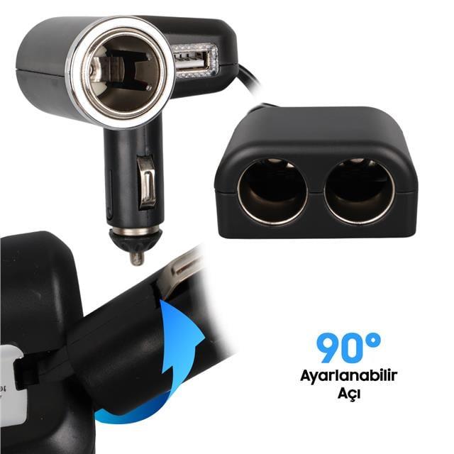 Olesson 1526 12-24V Tek USB Girişli 120W 80 CM Kablolu 3'LÜ Araç Çakmak Çoklayıcı