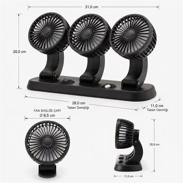 Powermaster FAN40 Araç İçi Vantilatör Fanı 12 Volt Çakmaklık Girişli 3 Başlıklı 360 Derece
