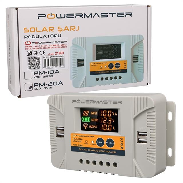 Powermaster PM-20A 12V-24V 20 Amper 4 USB Çıkışlı Dijital Ekranlı Solar Şarj Regülatörü