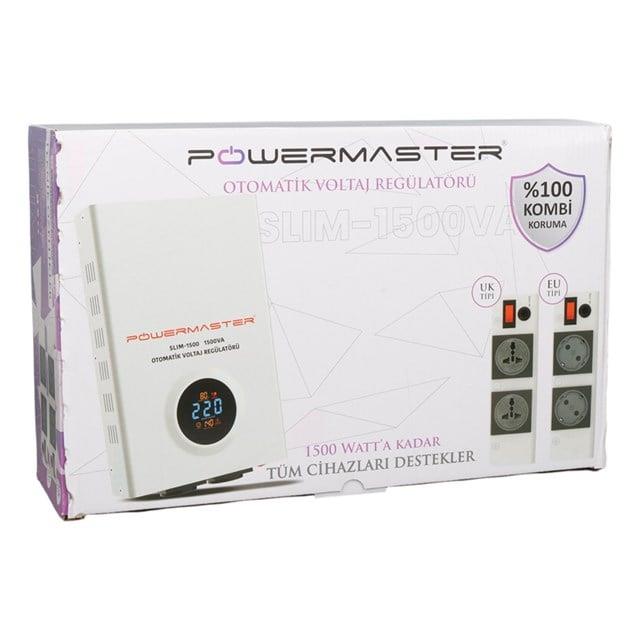 Powermaster SLIM-1500 Otomatik 1500VA Kombi Voltaj Regülatörü (İngiliz Fişli ve Evrensel Çoklu Soketli)