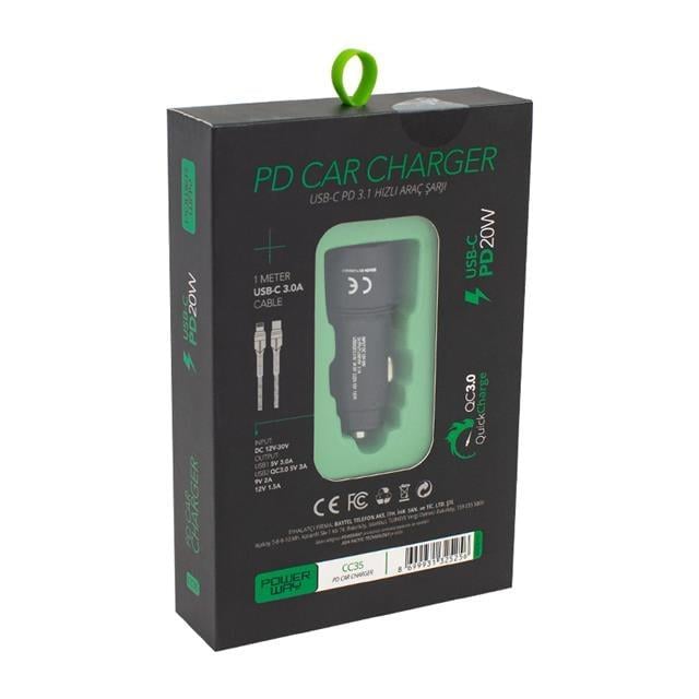 Powerway CC35 Yeni Nesil USB-C (iPhone To Type-C) Araç Şarj Seti (PD18W)