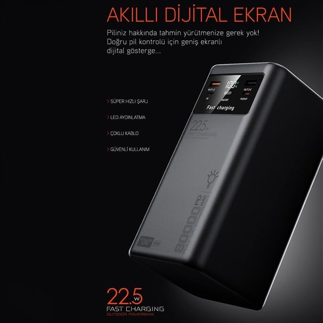 Powerway PD80 80.000mAh 22.5W PD & QC 3.0 Hızlı Şarj Destekli Dijital Göstergeli Powerbank