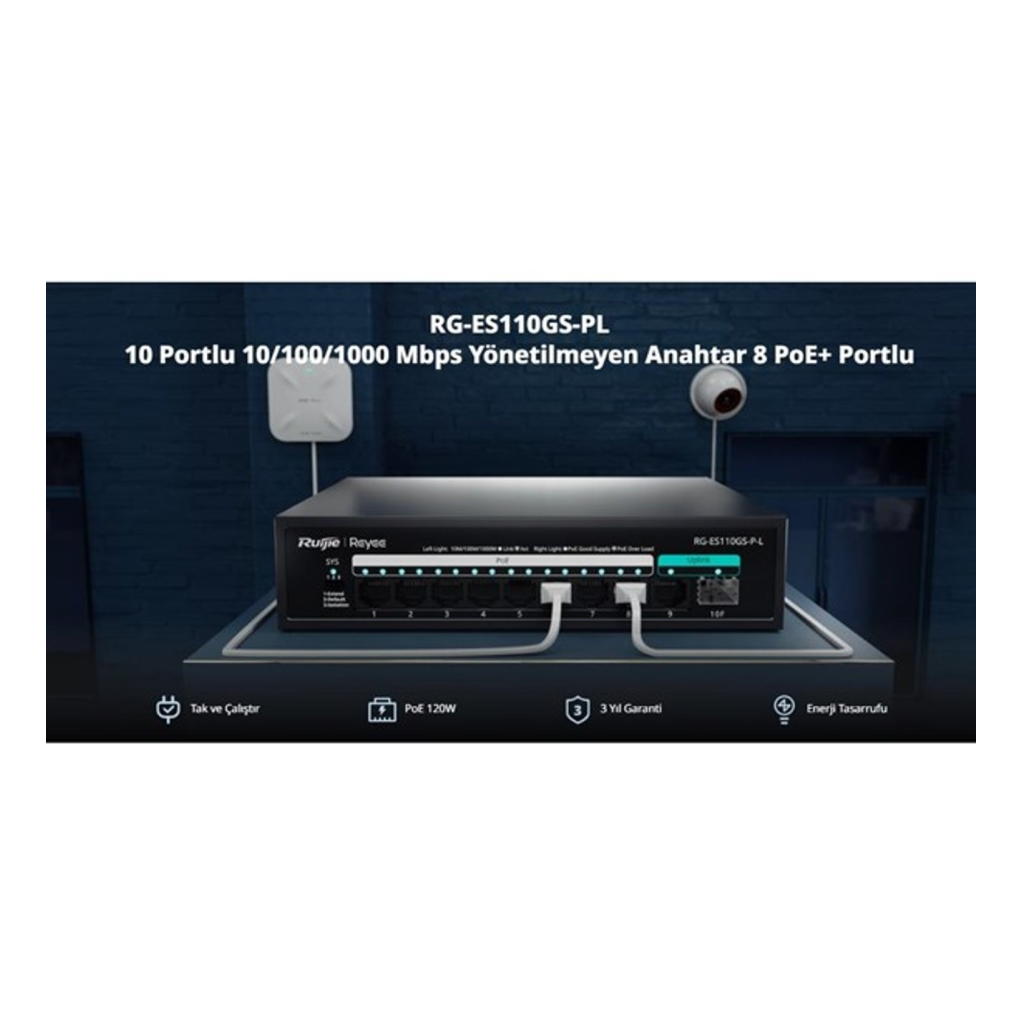 RUIJIE REYEE RG-ES110GS-P-L 10 Port, 8 Port  Gigabit PoE, 120W, 1 Port SPF, 1 Port Gigabit Uplink, Switch