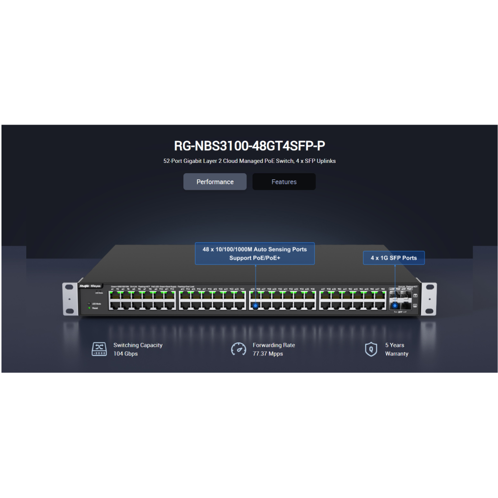 RUIJIE REYEE RG-NBS3100-48GT4SFP-P  48 Port  GigaBit PoE,  370W, 4Port SFP, L2 Yönetilebilir Switch  Metal Kasa