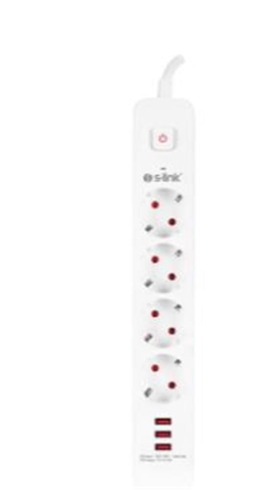 S-link SPG403U 1.5m 1.5mm 100 yüzde  Bakır 750 Joule 3 Usb 5V2.4A 4lü Anahtarlı Akım Korumalı Priz