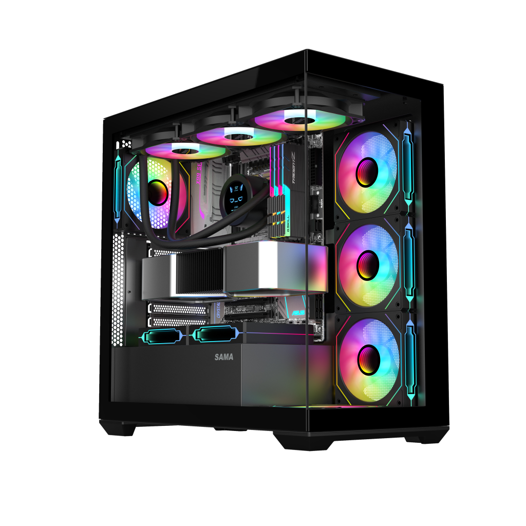 SAMA SV01BK Black, B750BK 750W, 80+ Bronze, PCIE 5.1, ATX3.1, Tempered Glass Panel, Panoramic Tasarım, Type-C, 4x120mm ARGB Fan, ATX, GAMING KASA
