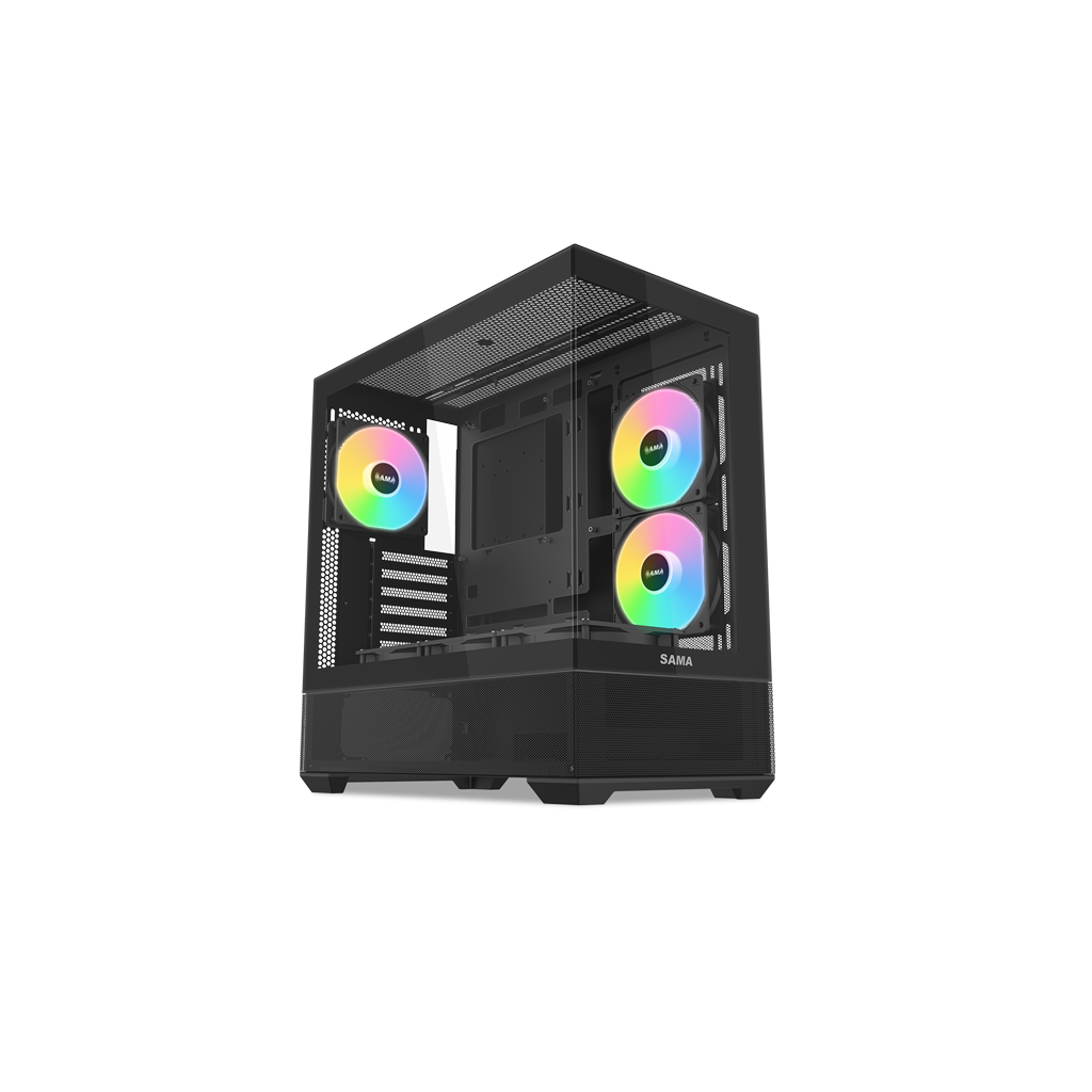 SAMA V40BK Black, B750BK 750W, 80+ Bronze, PCIE 5.1, ATX3.1, Tempered Glass Panel, Panoramic Tasarım, Type-C, 6x120mm ARGB Fan, ATX, GAMING KASA
