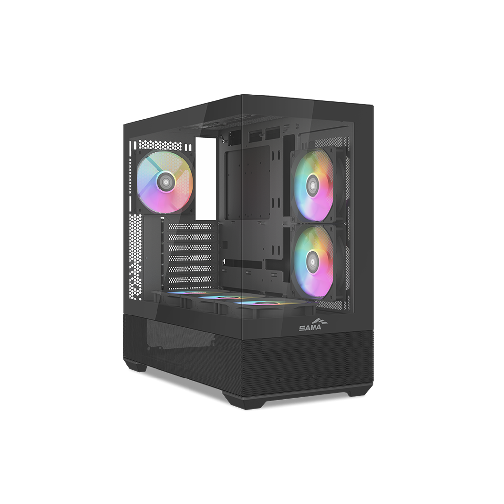 SAMA V40BK Black, B750BK 750W, 80+ Bronze, PCIE 5.1, ATX3.1, Tempered Glass Panel, Panoramic Tasarım, Type-C, 6x120mm ARGB Fan, ATX, GAMING KASA