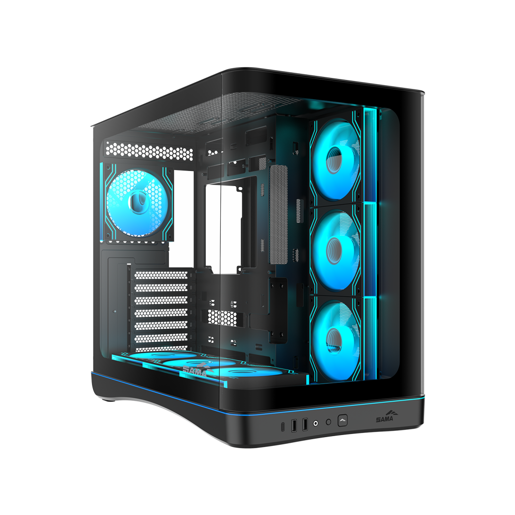 SAMA V62BK Black, B850BK 850W, 80+ Bronze, PCIE 5.1, ATX3.1, Tempered Glass Panel, Panoramic Tasarım, Type-C, 7x120mm ARGB INFINITY Fan, ATX, GAMING KASA