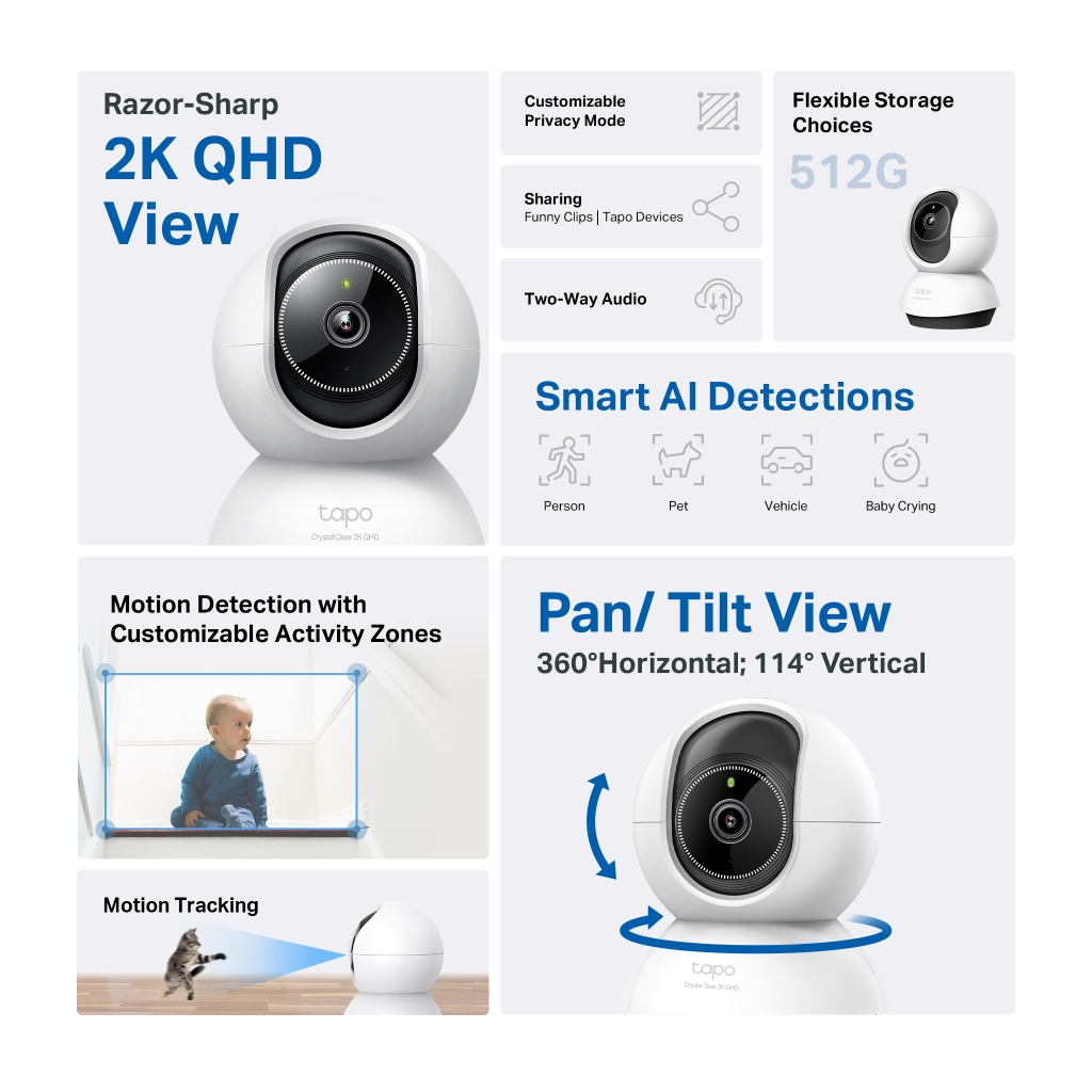 TP-LINK Tapo TC72 (C220), 2K QHD 4,0Mpix, İç Mekan WiFi, 9Mt. Gece Görüşü, 360 Dönüş, İki Yönlü Ses Güvenlik Yapay Zeka Destekli Kamera