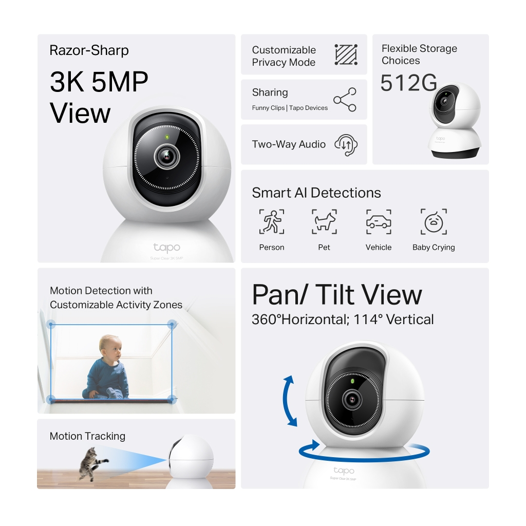 TP-LINK Tapo TC74 (C230), 3K, 5,0Mpix, İç Mekan, WiFi, 12Mt. Gece Görüşü, 360 Dönüş, İki Yönlü Ses Güvenlik Yapay Zeka Destekli Kamera