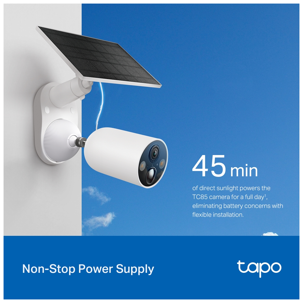 TP-LINK Tapo TC85 KIT (C425 KIT), 2K QHD, 4,0Mpix, Dış Mekan, IP66, WiFi, 15Mt. Renkli Gece Görüşü, İki Yönlü Ses, Yapay Zeka Destekli, Güneş Enerjili Güvenlik Kamerası Kiti