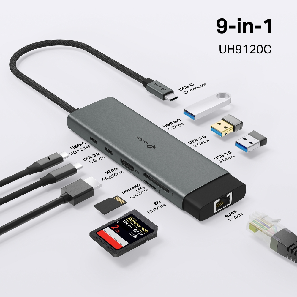 TP-LINK UH9120C USB Type-C 9'u 1 Arada Hub – 4K HDMI, Gigabit Ethernet, USB 3.0, SD/microSD Kart Okuyucu, 100W PD