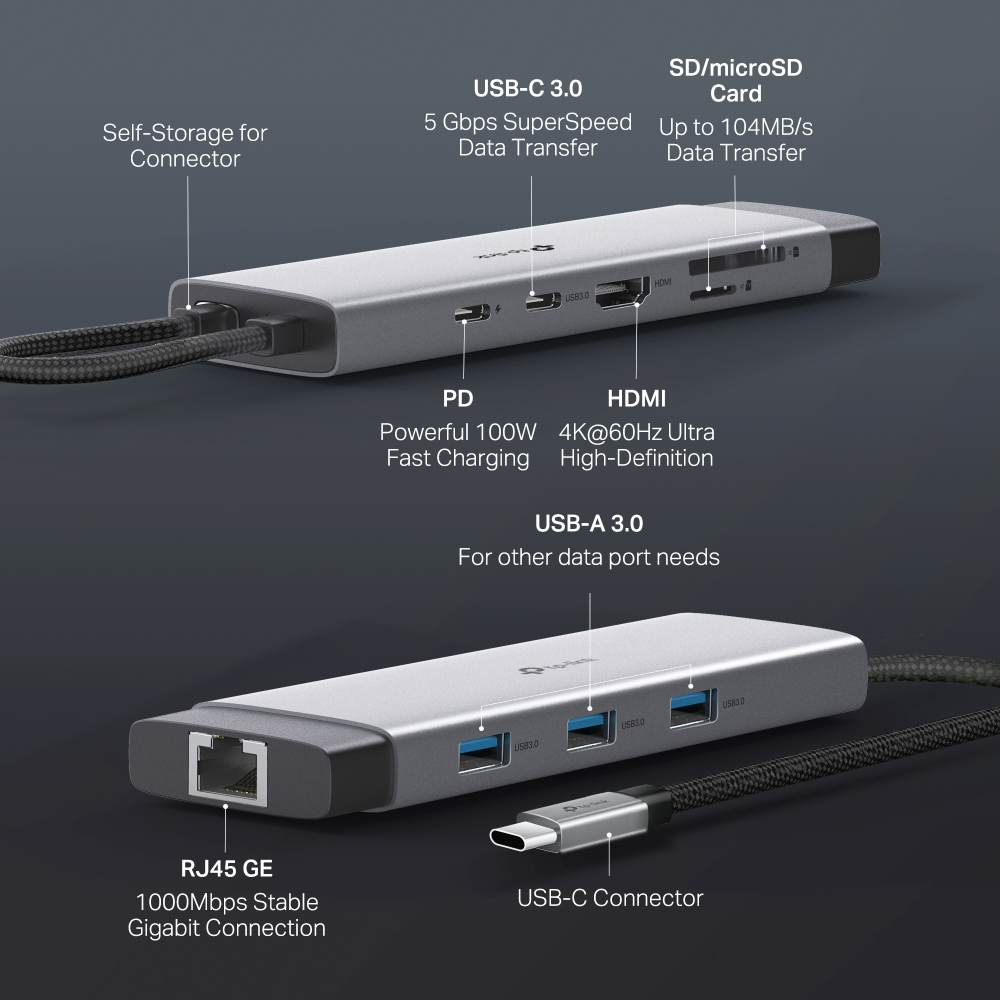 TP-LINK UH9120C USB Type-C 9'u 1 Arada Hub – 4K HDMI, Gigabit Ethernet, USB 3.0, SD/microSD Kart Okuyucu, 100W PD