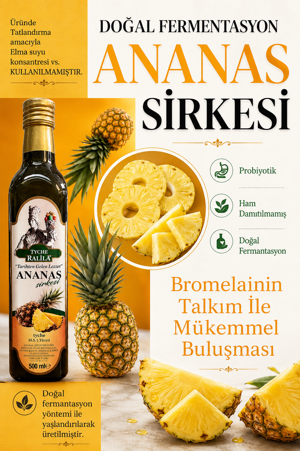 3 Adet Ananas Sirkesi Doğal Fermantasyon 500Ml Ralila