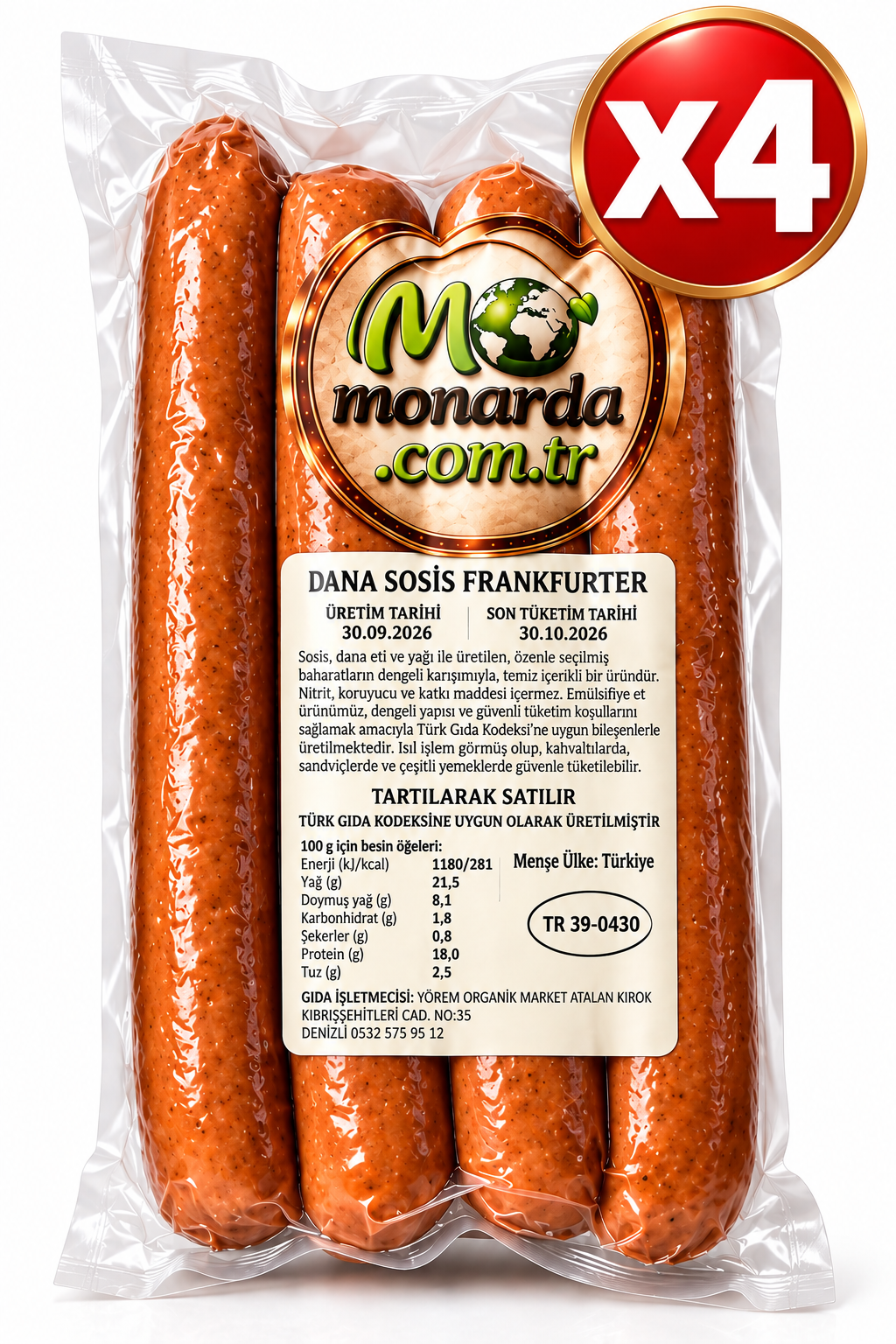 Dana Frankfurter Sosis – Nitritsiz -4'lü Paket (%100 Dana - 230gr) x4 Adet