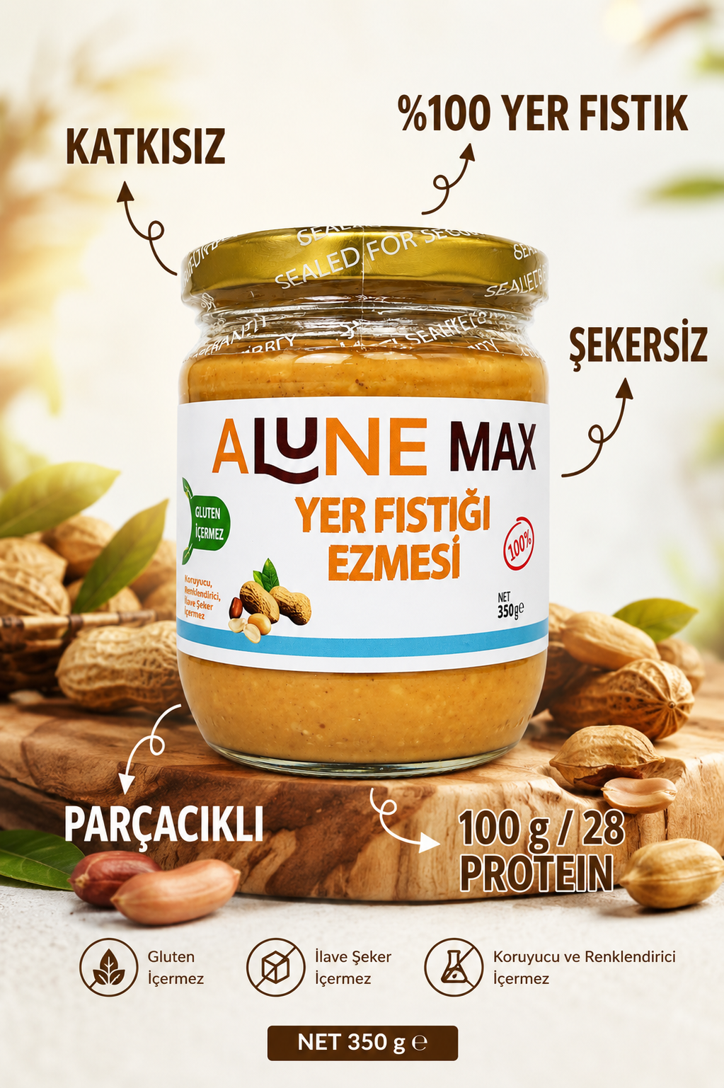 Glutensiz Fıstık Ezmesi 350 gr (ŞEKER İLAVESİZ) Alunemax