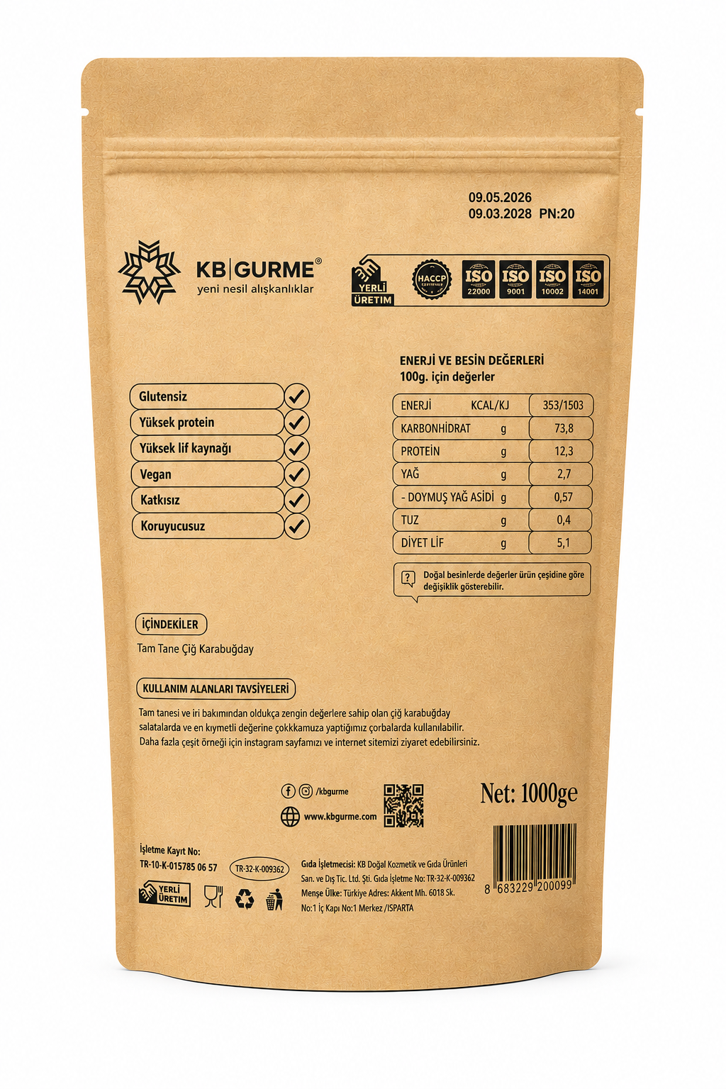 Glutensiz & Vegan Çiğ Karabuğday Tane 1000gr KB Gurme